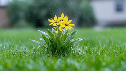 Wall Mural - Yellow flowers in rain, green grass background.