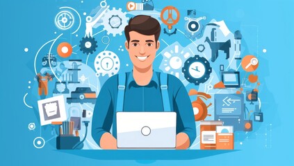 Smiling Engineer Working on Laptop with Technology Icons