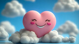 Smiling Pink Heart 3D Illustration on Clouds
