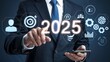 © watz - Businessman pointing at a glowing 2025 surrounded by icons.