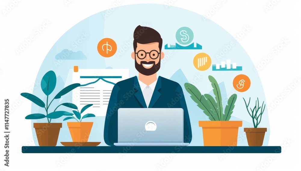 Successful Businessman Working on Laptop, Financial Charts and Plants