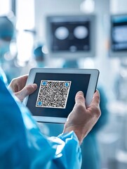 Wall Mural - A healthcare professional scanning a QR code to securely share patient data on a tablet device