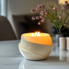 Canvas Print - Illuminated three-wick candle in modern ceramic holder.