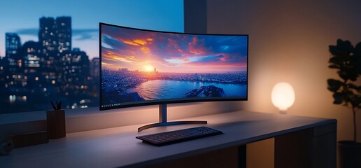 Modern curved monitor displaying cityscape sunset on desk at night.