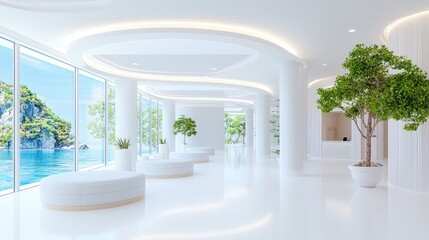 Canvas Print - Modern white hallway with ocean view, plants, and curved walls.