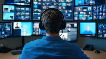 male programmer wearing headphones is focused on multiple screens displaying various data and images