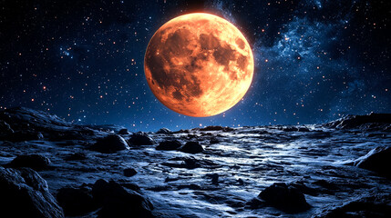 Wall Mural - Large orange moon over a rocky, desolate landscape at night.