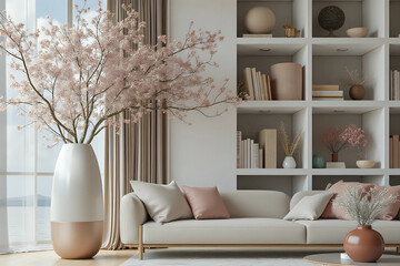 Wall Mural - Blooming branches on shelving unit in interior of stylish living room. Front view.