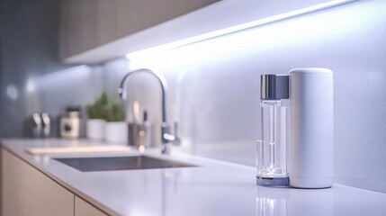 Poster - Modern kitchen with sleek water filter and stylish countertop illuminating a clean cooking area. Generative AI