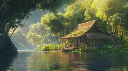 Wall Mural - the beauty of a bamboo house by the river . seamless looping time-lapse virtual video Animation Background.