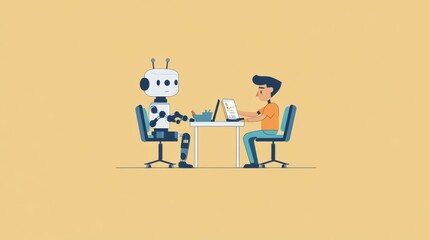 Fototapete - Collaboration between human and robot on a project at a desk in a bright workspace. Generative AI