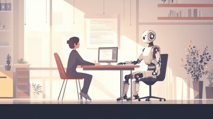 Fototapete - Collaboration between human and robot at a modern workspace engaging in a project. Generative AI