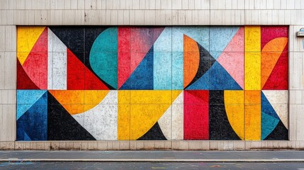 Canvas Print - Colorful geometric mural on building facade.