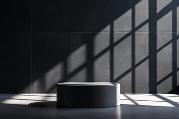 Poster - A minimalist interior with a circular pedestal and dramatic light and shadow play.