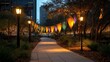 © Anastasiya - A vibrant pathway decorated with Mardi Gras banners in green, gold, and purple, illuminated by streetlights and surrounded by glowing festive tree lights in an evening cityscape