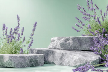 Wall Mural - A serene arrangement of stones and lavender flowers against a soft green background.