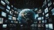 © ma - A large Earth is surrounded by hundreds of television screens displaying news and images, creating an immersive experience.
