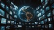 © ma - A large Earth is surrounded by hundreds of television screens displaying news and images, creating an immersive experience.