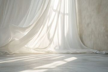 Poster - A serene interior scene with flowing white fabric and soft light casting shadows.