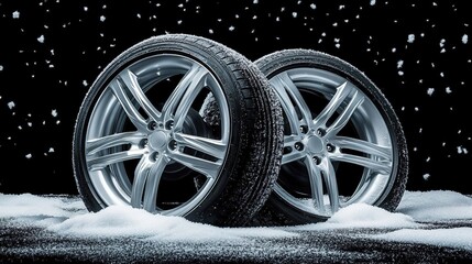 A pair of car tires on snow, with a black background and high-definition photography. The two wheels have a gray color and white rim designs, creating an overall cool tone.