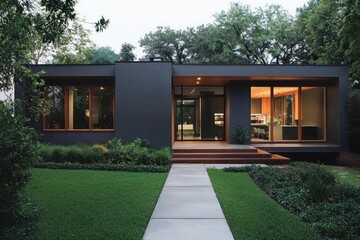 Wall Mural - Sleek minimalist home with dark grey exterior, wood-framed windows, and clean concrete path.