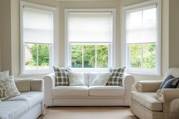 Wall Mural - Realistic room with bay windows, white roller blinds, a sofa, and armchairs illuminated by natural light.