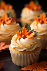 Wall Mural - Autumn-themed cupcakes with orange frosting and leaves