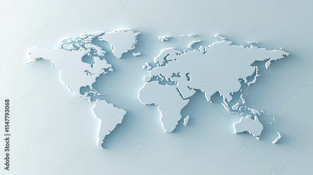 3D world map with a light blue background, simple design, white paper ...