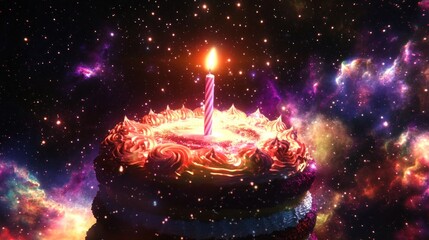 Wall Mural - galactic birthday cake with a single lit candle against a starfield.