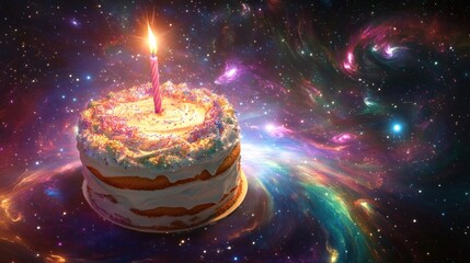 Wall Mural - cake with lit candle against galaxy background.