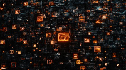 Abstract digital grid with orange glowing icons.