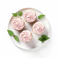 Wall Mural -  Pink Cupcakes on a White Plate with Leaves , Isolated on white background, flat lay