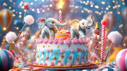 Whimsical birthday cake with two toy elephants.