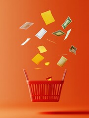 Leinwandbilder - Creative display of colorful papers and money falling into a shopping basket against an orange background in a modern setting. Generative AI
