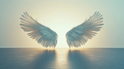 Fototapete - Graceful angel wings gently illuminated at sunrise in a serene setting for artistic reflection and inspiration. Generative AI