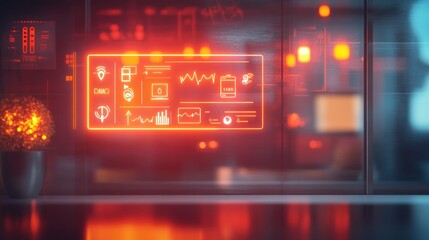 Wall Mural - futuristic digital display with glowing red icons on a glass wall.