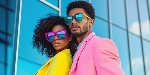 Couple in yellow and pink blazers with sunglasses. Fashion editorial concept