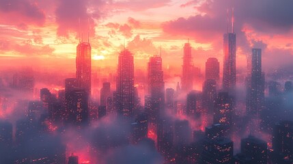 Canvas Print - Futuristic city skyline, sunset, hazy, red glow.