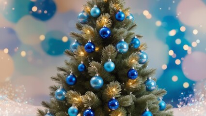 Wall Mural - Christmas tree with blue baubles on bokeh background.
