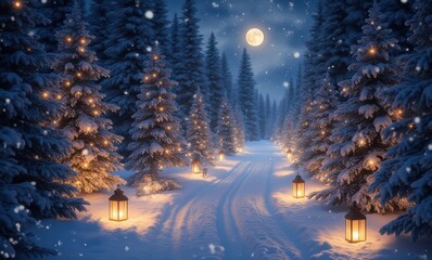 Sticker - Enchanting winter forest lit by lanterns