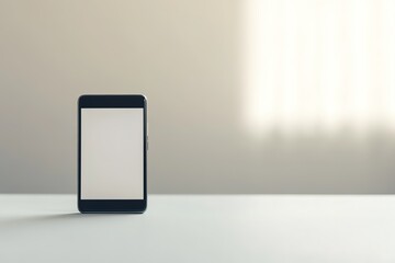 single smartphone displaying blank screen resting on clean white surface with blurred neutral background