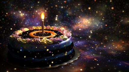 Wall Mural - cosmic cake with lit candle on galaxy background.
