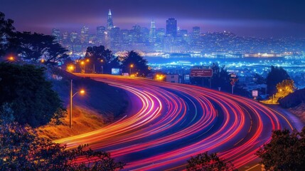 Wall Mural - City skyline night view with car light trails on road.