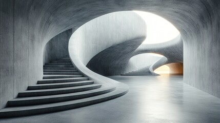 Wall Mural - Abstract concrete stairs, curved walls, light.