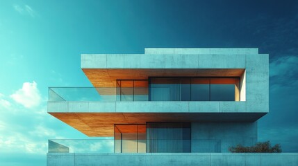 Wall Mural - Modern concrete house, glass balconies, teal sky.