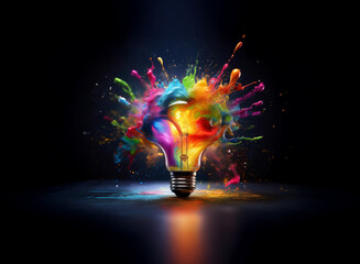 Poster - A vibrant lightbulb explodes in a colorful paint splash against a dark background, symbolizing creativity and innovation.