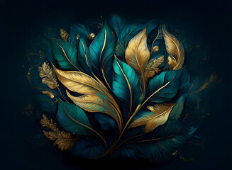 Poster - Luxurious teal and gold leaves form a vibrant, ornate bouquet against a deep blue background.  The metallic sheen and intricate details create a sense of opulence and elegance.