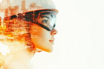 Aufkleber - Profile of a person in safety helmet and goggles with abstract city background at sunrise during safety awareness campaign. Generative AI