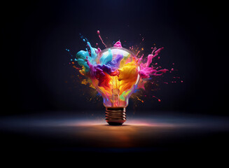 a vibrant lightbulb explodes with colorful paint splashes, symbolizing creative energy and innovativ