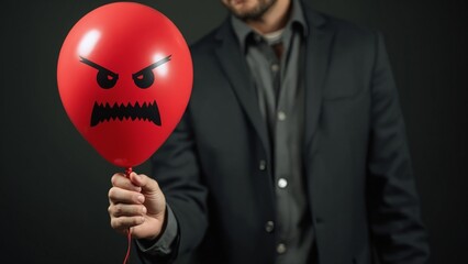 Wall Mural - a balloon with an angry face in the hand of a man. anger in a person. negative emotions in a person